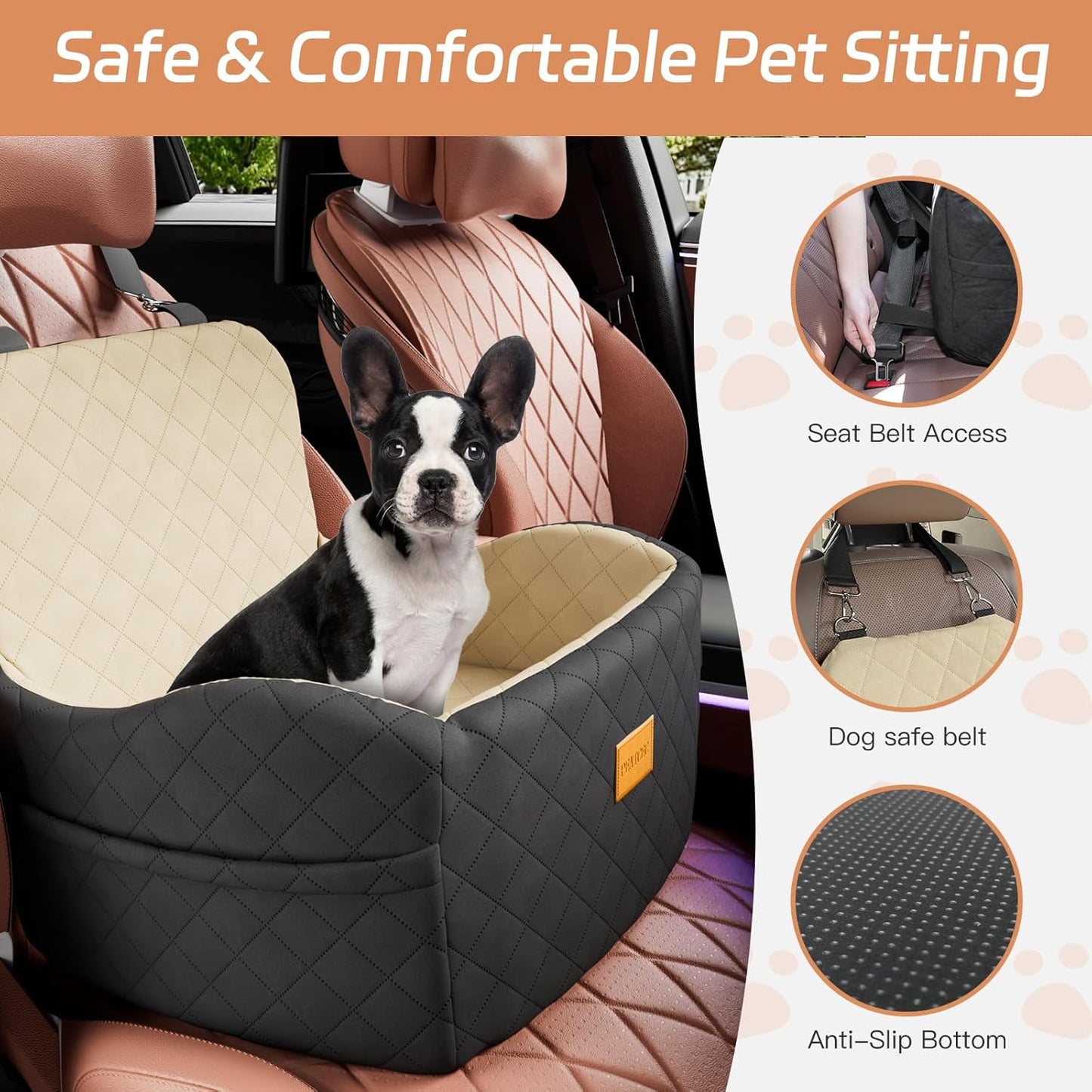Dog Car Seat for Small/Medium Dogs Under 35lbs, Detachable & Washable Elevated Pet Travel Bed, 2 Storage Pockets & Safety Belt, Anti-Slip Base, Dog Booster Car Seat with Seamless Bottom Design