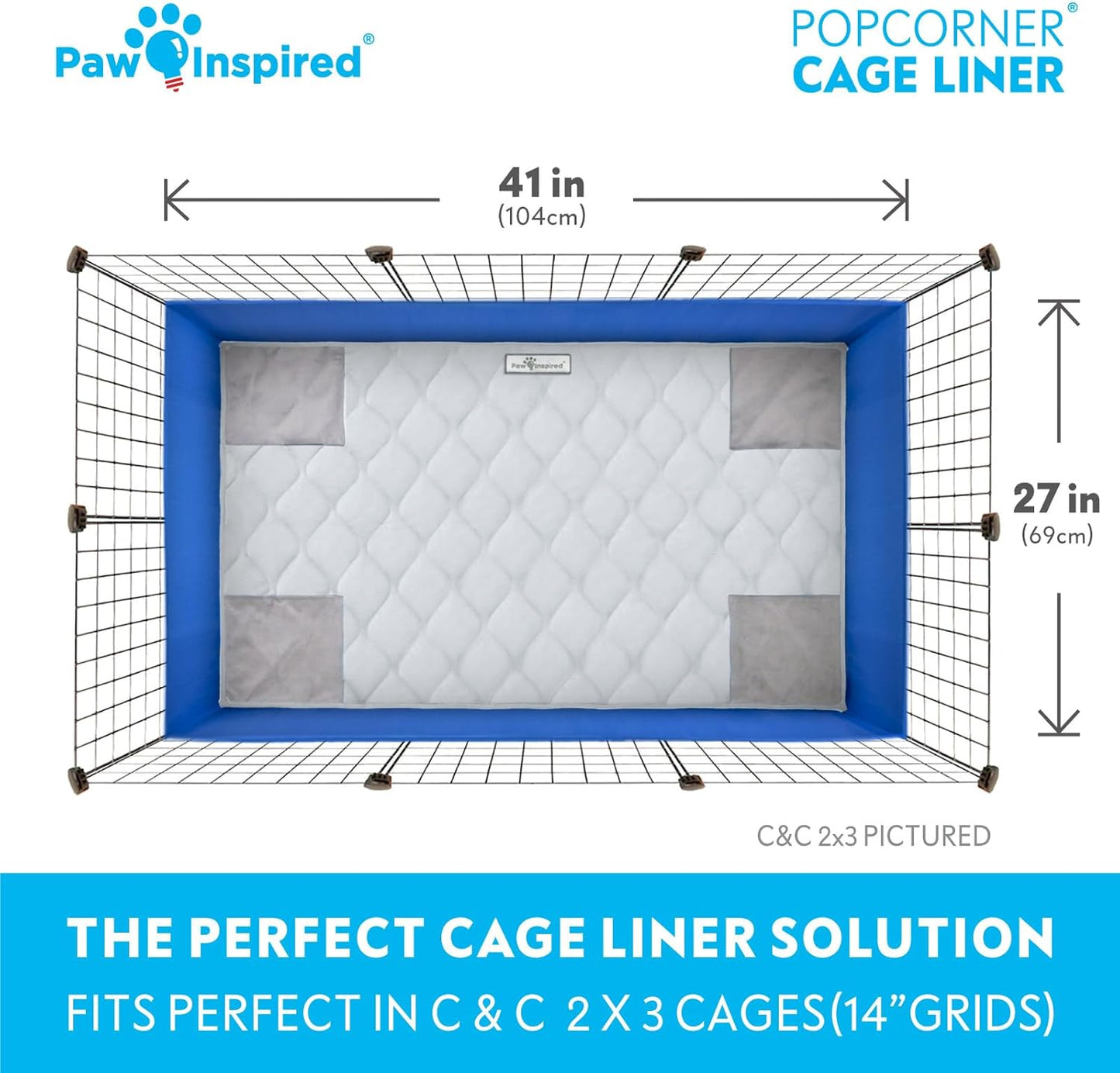 Paw Inspired PopCorner Guinea Pig Cage Liners | Washable Fleece Bedding or Pet Bed Mat for Small Animals | Super Absorbent Pee Pad with Reinforced Corners and Waterproof Bottom (C&C 2x3, Light Gray)