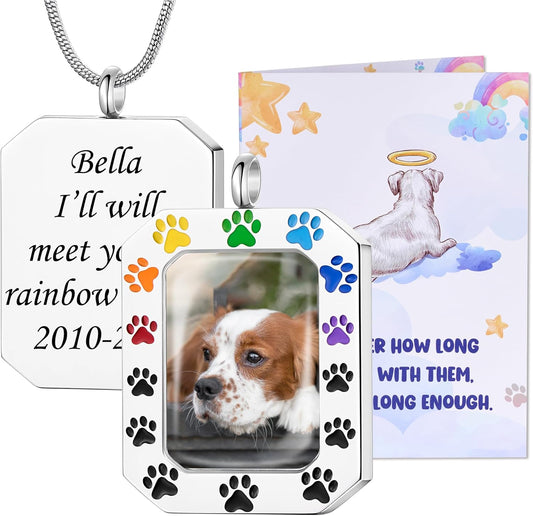Fanery Sue Personalized Pet Ashes Necklace for Dog Cat Custom Photo&Text Pet Loss Sympathy Gift Cremation Jewelry