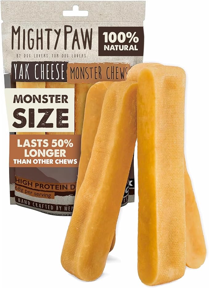 Mighty Paw Yak Cheese Dog Chews - All-Natural Treats for Dogs - High Protein Treat with 68 Grams of Protein Per Chew - Delicious and Long Lasting - Odor Free with Limited Ingredients - Monster 4 Pack