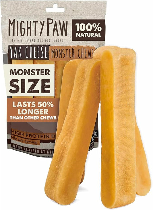 Mighty Paw Yak Cheese Dog Chews - All-Natural Treats for Dogs - High Protein Treat with 68 Grams of Protein Per Chew - Delicious and Long Lasting - Odor Free with Limited Ingredients - Monster 4 Pack