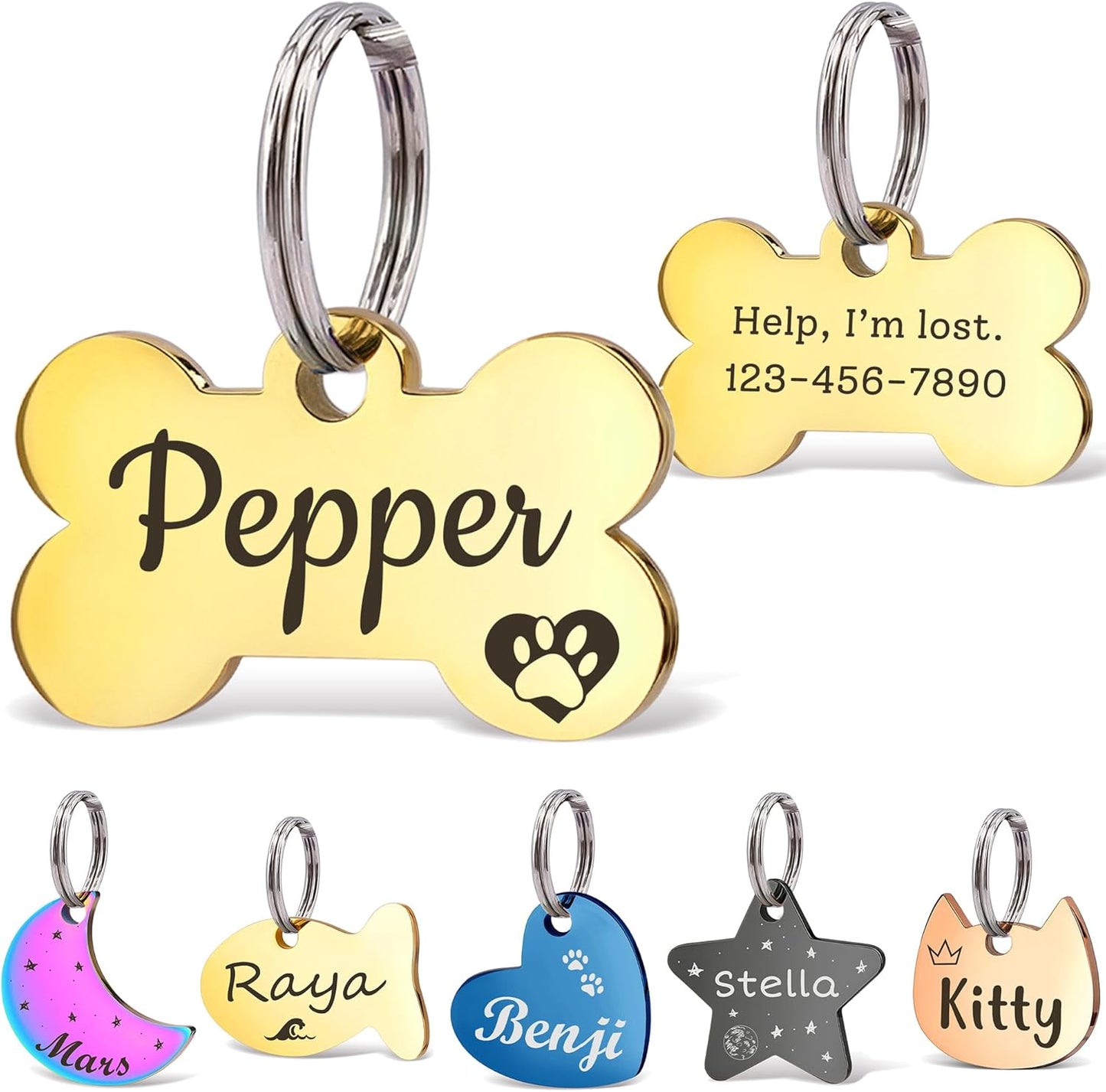Anavia Small Size Dog Cat ID Tags, Small/XS Personalized Color Plated Stainless Steel Puppy Kitten Name Tags, Customized Engraved Nameplate Pet Collar Tag (Gold, Bone)