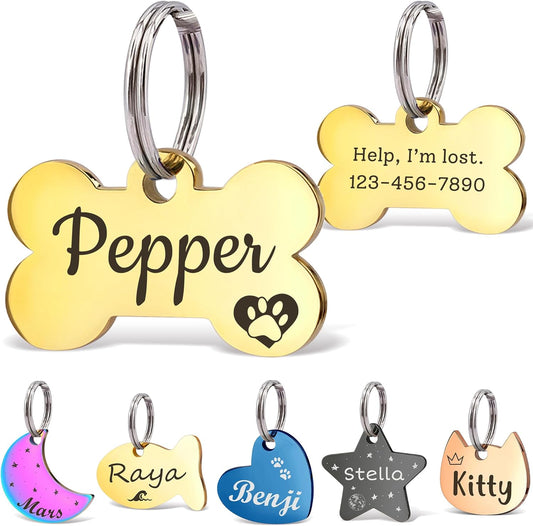 Anavia Small Size Dog Cat ID Tags, Small/XS Personalized Color Plated Stainless Steel Puppy Kitten Name Tags, Customized Engraved Nameplate Pet Collar Tag (Gold, Bone)