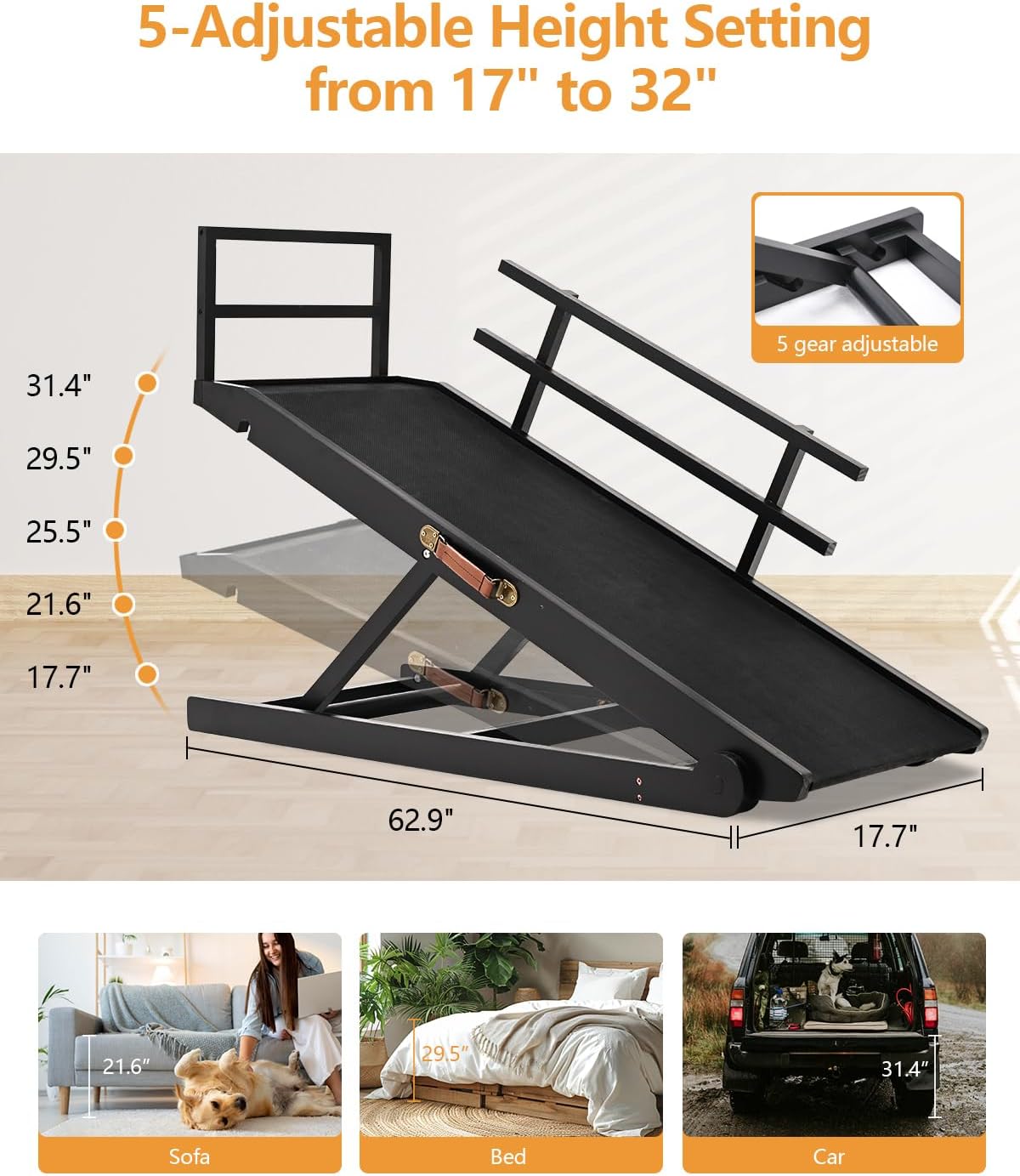 Dog Ramp for Bed, Dogs Bed Ramps for Large Dogs, Pet Ramp for Doggie to Get on Beds, 5-Position Pet Ramps for Large/Medium Dog for Couch/Car, Adjustable from 17" to 32" Height