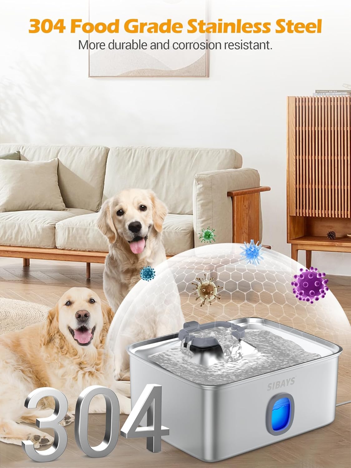 SIBAYS 4Gal/15L Large Dog Water Fountain, Stainless Steel Pet Fountain with Water Window & LED Light, Ultra Quiet Automatic Dog Water Bowl Dispenser for Large Dogs & Multi-pet, Easy to Clean(FS76)