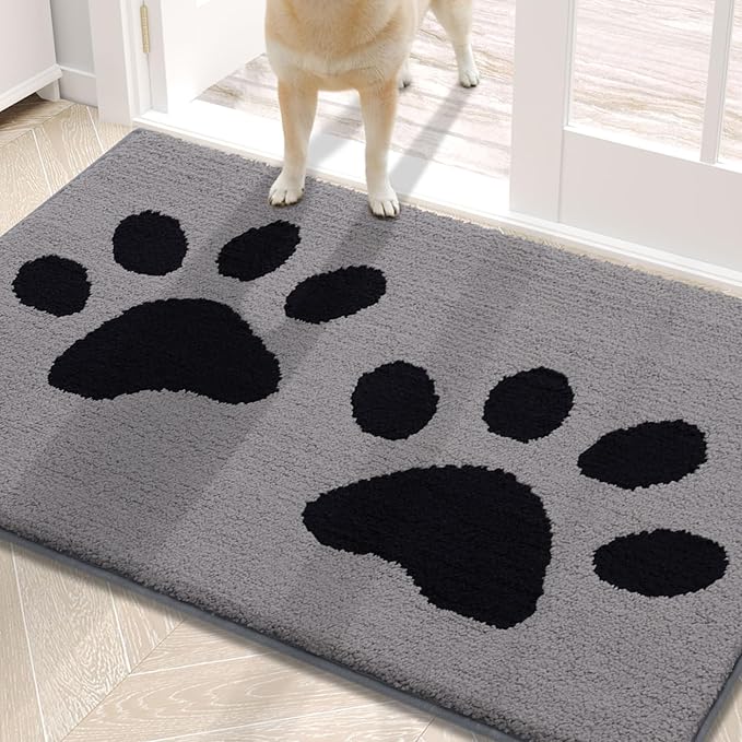 Buganda Dog Door Mat for Muddy Paws, Absorbent Dirt Trapper Washable Indoor Doormats, Non Slip Low-Profile Mud Mat for Dogs, Front Entrance Doormat for Inside Floor (30x20 Inches, Grey)