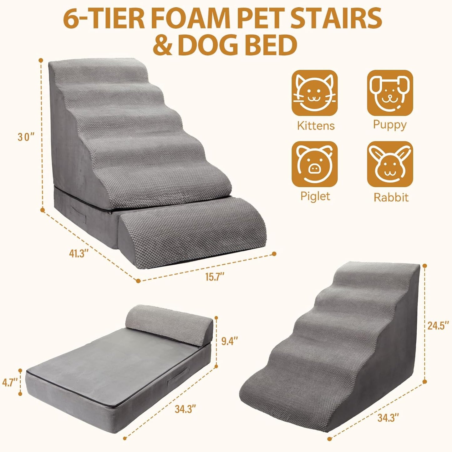 Dog Stairs/Steps for High Beds up to 30-36 inches, A.FATI 6 Step Foam Pet Steps for Small Dogs/Old Pets, 30" H Non-Slip Dog Ramp for Bed, Grey