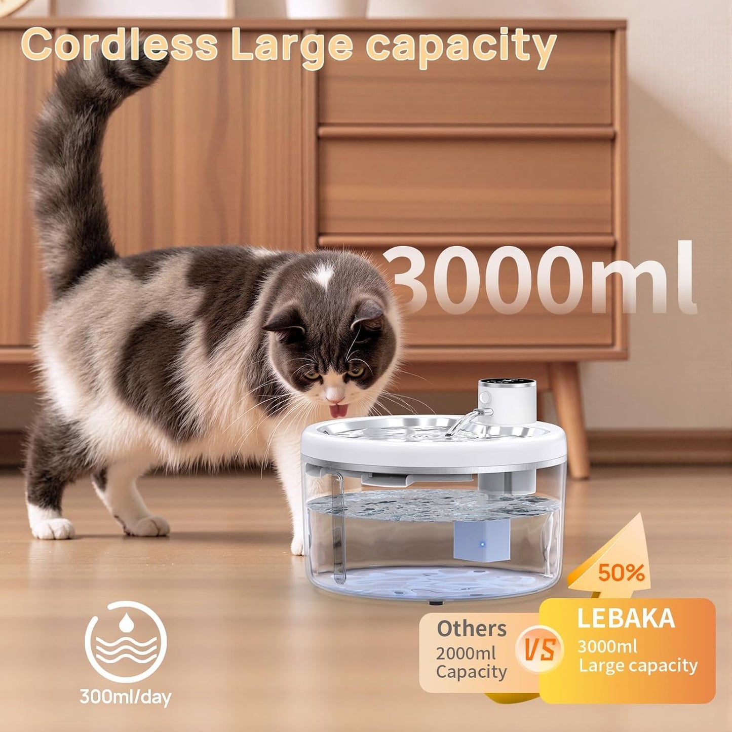 Wireless Cat Water Fountain with Stainless Steel Tray, Battery Operated Cat Fountain - 102oz/3L Automatic Pet Water Dispenser, Easy Clean with Motion Sensor for Cats, Dogs