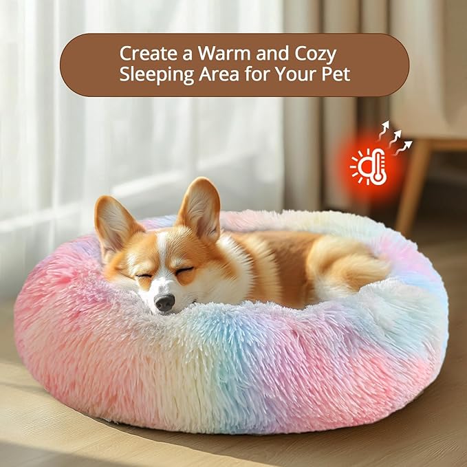 JOLLYVOGUE Large Calming Dog Bed, Anti-Anxiety Donut Cuddler Cat Bed with Anti-Slip Bottom, Fluffy Faux Fur Machine Washable Pet Cushion for Medium Large Dog & Cat, 36"/Rainbow