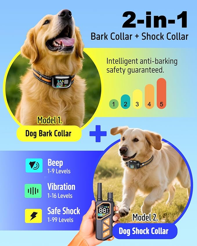 2-in-1 Dog Shock Collar with Remote Control and Automatic Bark Mode - Electric Training Smart Anti Barking Collars for Small Medium Large Dogs E-Collar 3300FT (5-150Lbs) IPX7 Waterproof