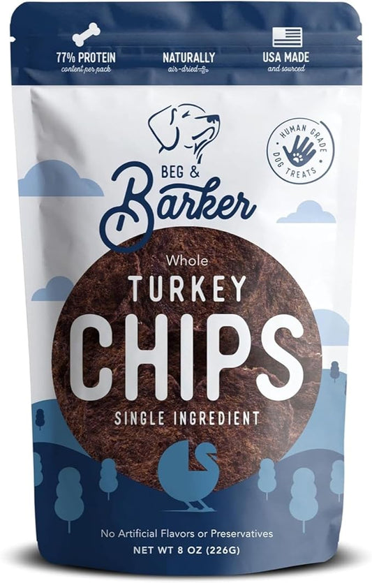 Beg & Barker Turkey Chips for Dogs (8 Ounce, Pack of 1) - Single Ingredient Dog Treats Made for Large & Small Dogs Protein Human Grade Dog Treats Made from Real Meat Turkey, Made in USA