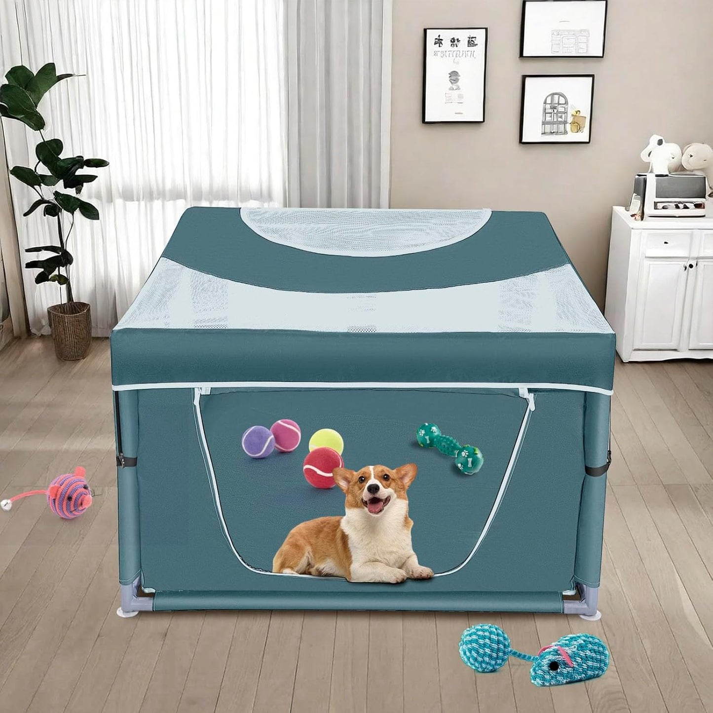 Dog Kitten Playpen with Cover, 42x42 x25.5 Puppy Playpen for Small Pet with See-Through Topper Proof, Green