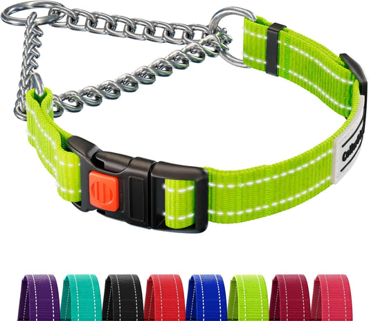 CollarDirect Martingale Dog Collar with Stainless Steel Chain and Quick Release Buckle - Reflective Collar for Large, Medium, Small Dogs - Lime Green, Small (Neck Size 12"-15")
