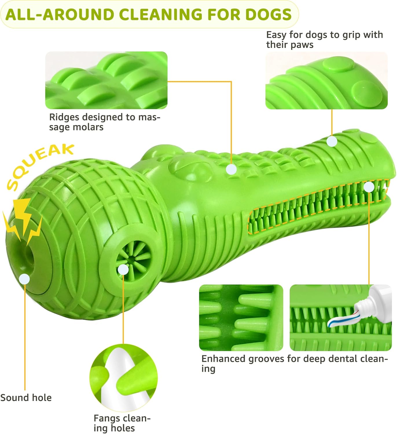 Dog Chew Toy for Aggressive Chewers, Durable Natural Rubber Squeaky Alligator Interactive Dog Toy, Long-Lasting Dental Care Tooth Cleaning for Medium Large Dogs and Teething Puppies (Green)