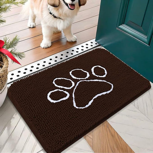 OLANLY Door Mat for Muddy Dog Paws 24x16, Ultra Absorbent Chenille Mud Doormat with Paw Print Design, Non-Slip Washable Doormat for Indoor Entryway, Quick-Dry Pet Bed Mats for Dirty Dogs, Brown