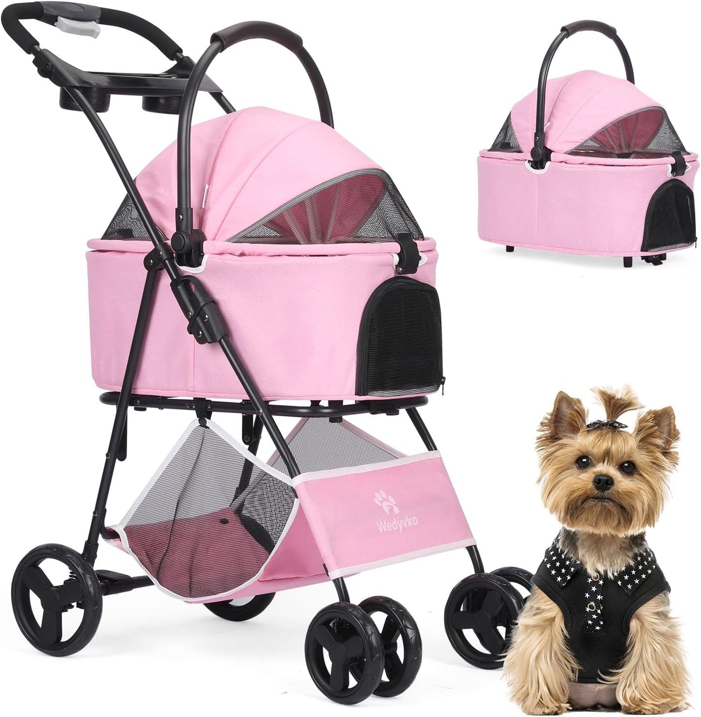 Pet Stroller, 4 Wheels Pet Strolling Cart for Medium/Small Dogs and Cats, Foldable Cat Jogger/Dog Stroller with Cup Holder, Storage Basket, Breathable Mesh, All-Season Pet Carrier (Pink)
