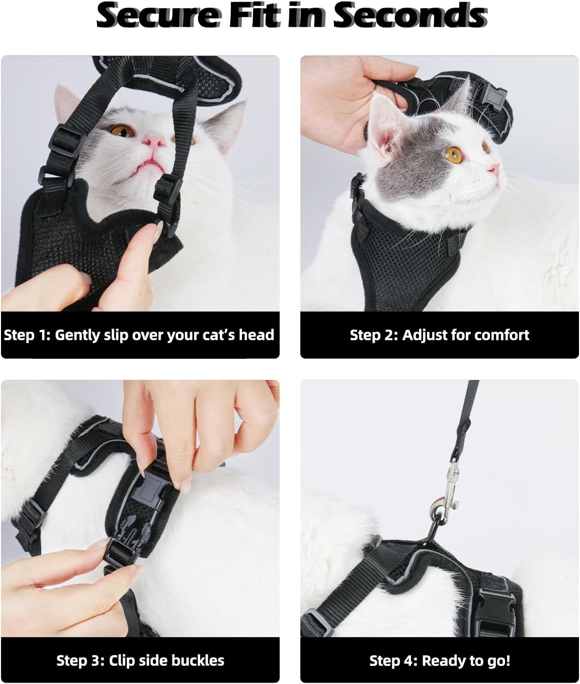 Luxelle 2 Pack Escape-Proof Cat Harness and Leash Set for Walking – Adjustable No Pull Soft Vest with Easy-Wear Buckle, Reflective Straps, Breathable Mesh – Outdoor Travel Harness for Cats & Kittens