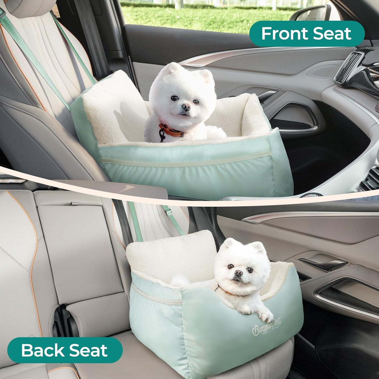 BurgeonNest Dog Car Seat for Small Dogs, Detachable and Washable Cat Carseats Under 25 lbs, Soft Pet Booster Seats with Storage Pockets and Clip-On Leash Portable Car Travel Carrier Bed, Beige Green
