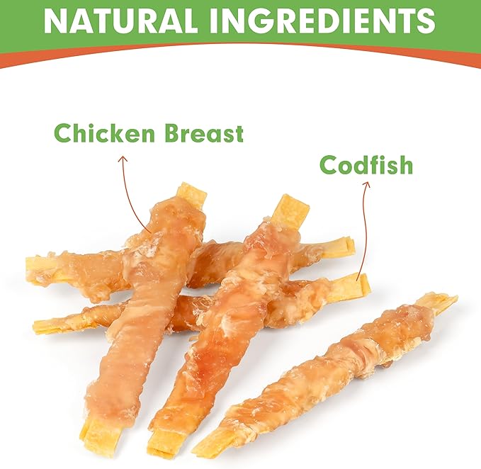 MON2SUN Rawhide Free Dog Treats, 4 Inch Chicken Wrapped Cod Fillet Dog Snacks for Small Dogs, Soft and Training Treats, 20oz (56 Count-Pack of 1)