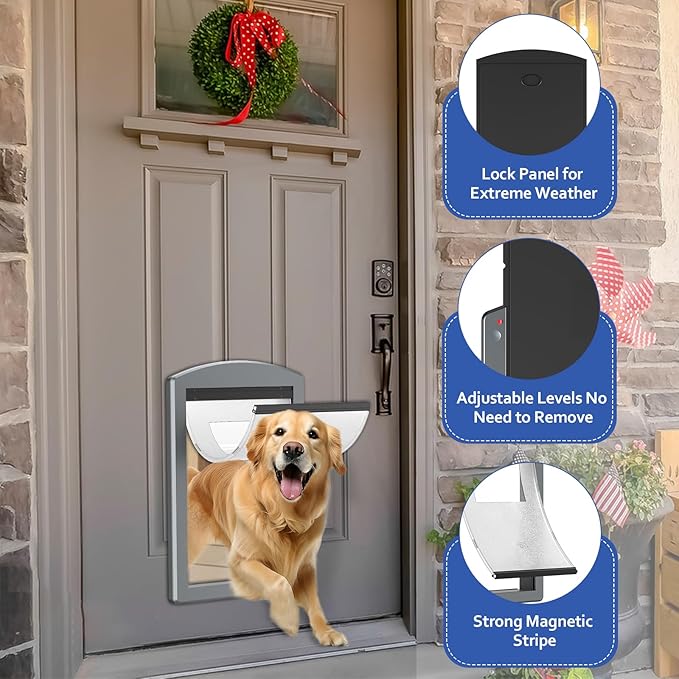 [Classicmacher] Dog Door for Large Dogs, White Frame Door for L arge Dogs, Strong Plastic Doggy Door and L arge Pets with Sliding Lock Panel and Magnetic Soft Flap (Large, Smoky Grey)