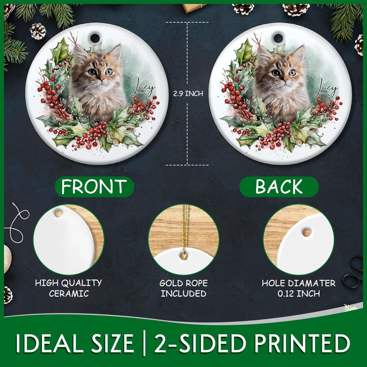 Personalized Pet Picture Frame Ornaments - Custom Ceramic Ornament for Christmas Trees Decorations, Puppy Kitten Xmas Keepsake - Gifts for Dog Cat Lover - My First Christmas Cat/Dog Gift