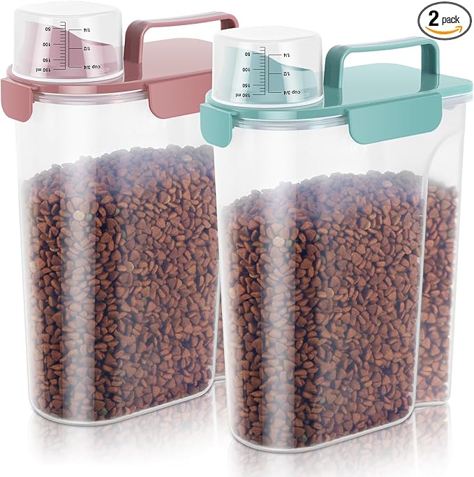 5-7Lbs Cat Dog Storage Container, Portable Pet Food Containers with Upgraded Large Spout and Cup, Small Animal Kibble Dispenser for Bird Seed, Oatmeal, Rice, Flour (2, Pink+Lake Blue, 5L)