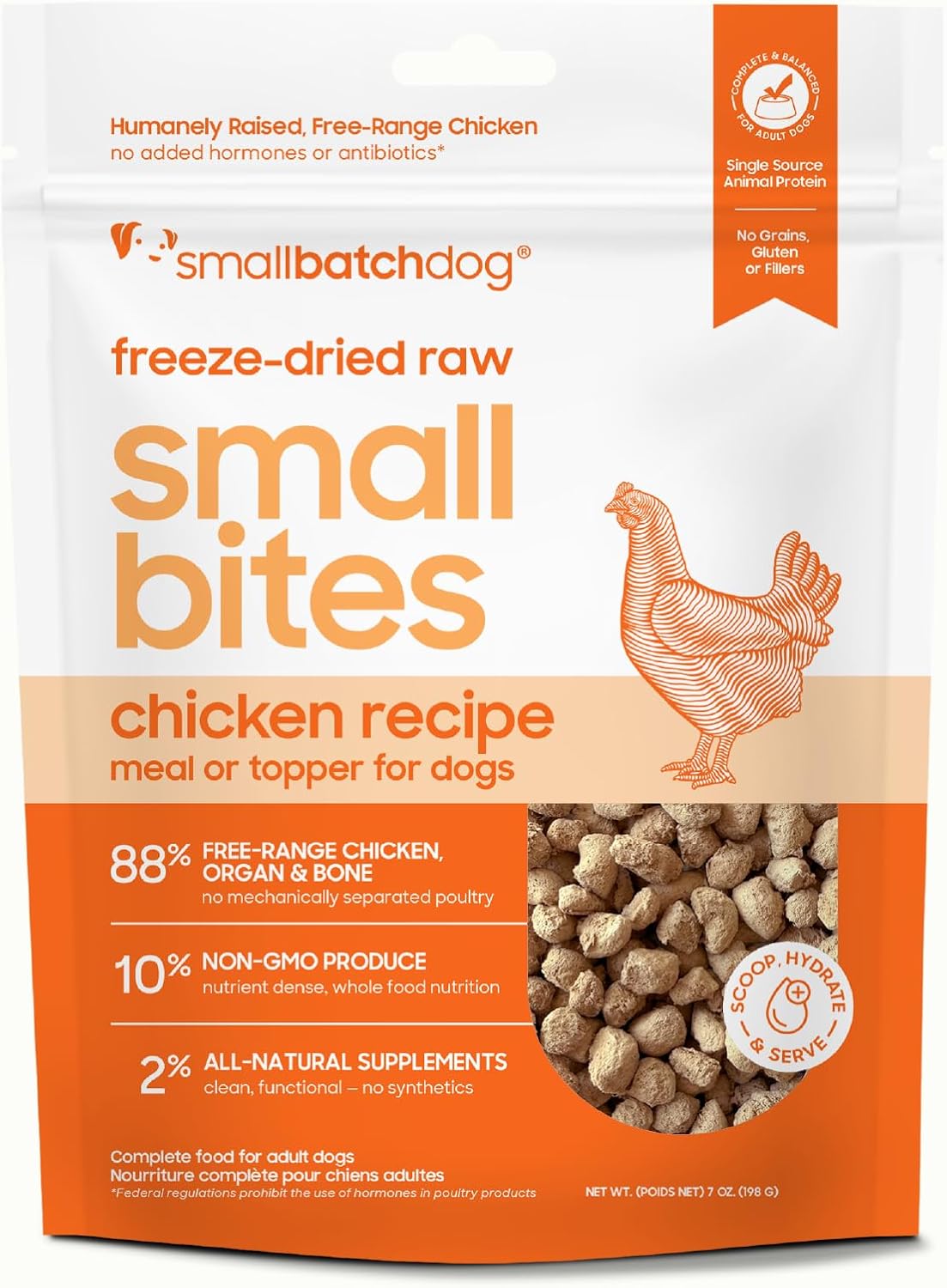 smallbatch Freeze-Dried Chicken Dog Food – Grain Free, Organic Produce – Raw Dehydrated Chicken Bites, High Protein Complete Meal or Topper – Humanely Raised, Made in USA, 7oz