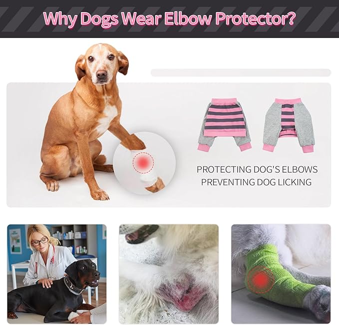 FUAMEY Dog Recovery Sleeve with Elbow Protector,Dogs Shirt Stop Licking Joints,Pet Long Sleeve Suit Protecting Dog's Front Leg Arm Wounds Cover Skin Conditions Pink Stripes L