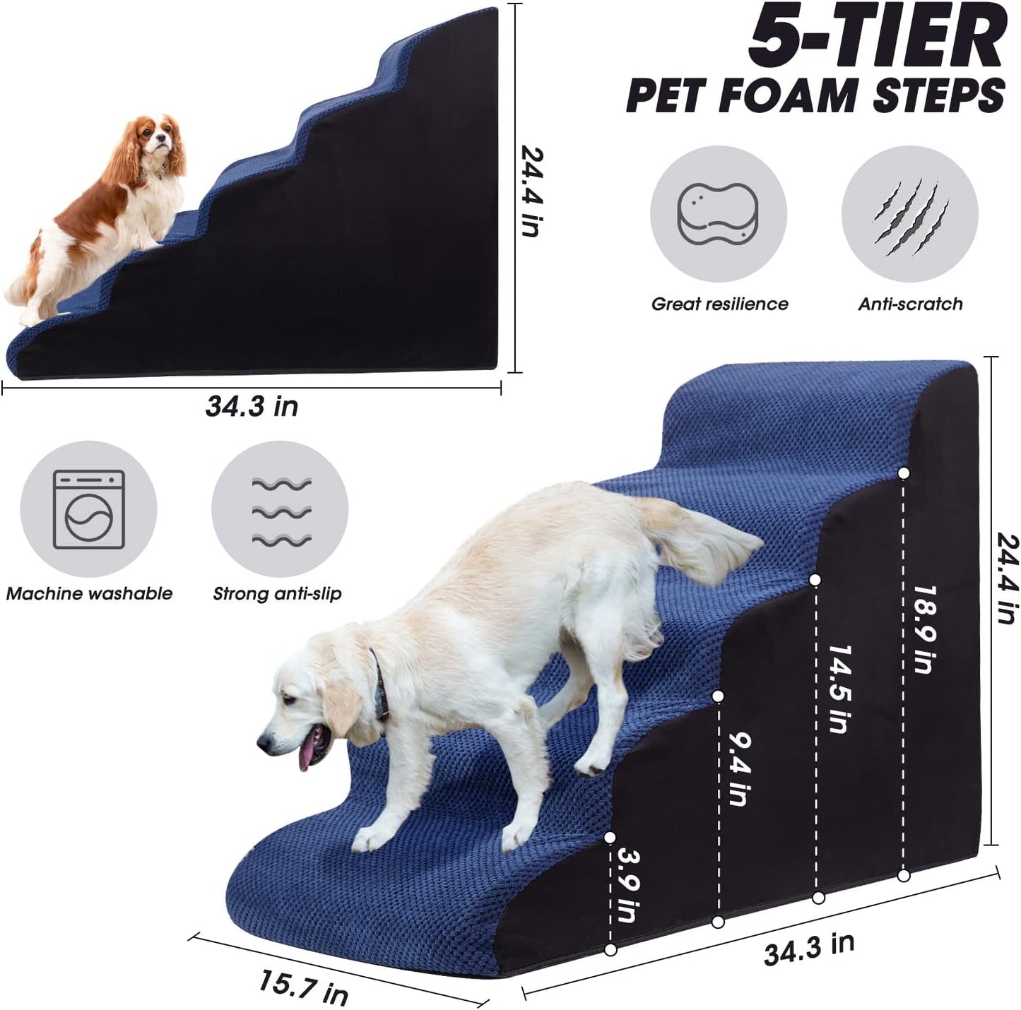 Dog Stairs&Steps for High Beds Up to 28'', 5-Step Dog Ramp for Small Medium Dogs with Washable Cover, Pet Steps for Cats to Get on Couch and Sofa, Durable Foam Ladders, 24.4" Tall, Blue