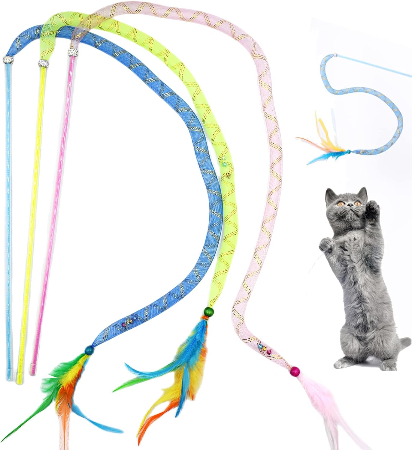 IUHKBH Cat Wands, 3 PCS Soft Line Tube Teaser Wands Colorful Feather Wands with Bell Interactive Cat Toys