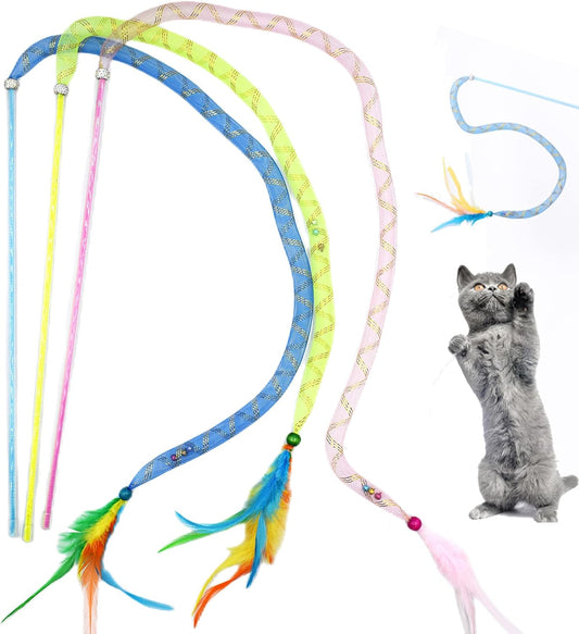 IUHKBH Cat Wands, 3 PCS Soft Line Tube Teaser Wands Colorful Feather Wands with Bell Interactive Cat Toys