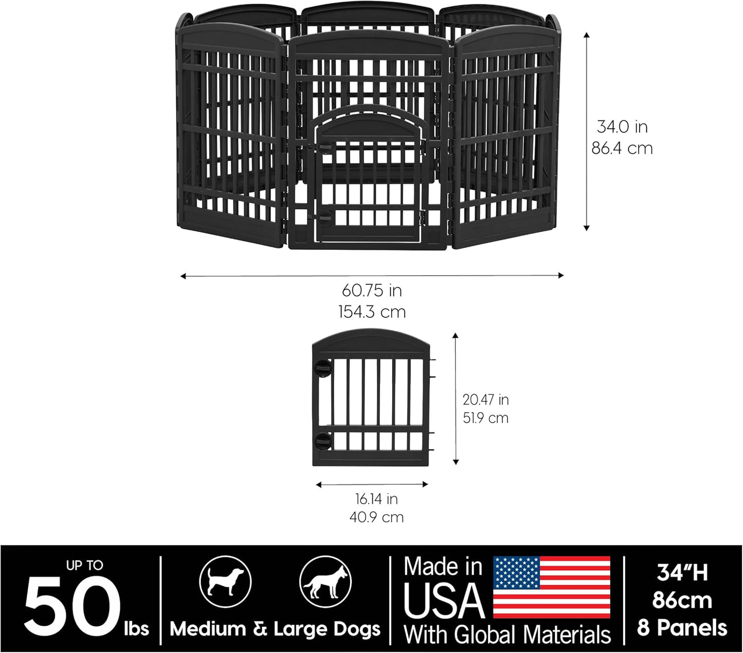 IRIS USA 34" 8-Panel Dog Playpen with Door, 63 x 63 x 35, Puppy Fence, Puppy Playpen, Dog Play Pen Indoors, Pet Fence, Puppies/Small Dogs, Black