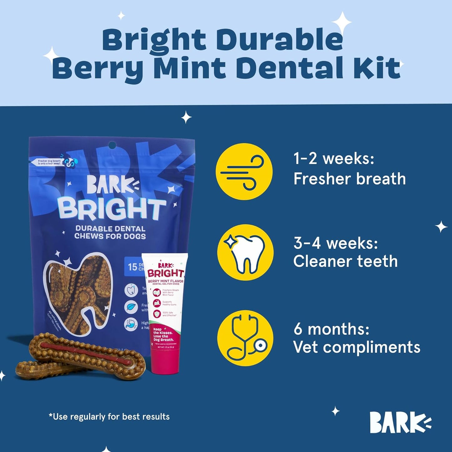 Barkbox Bright Durable Dental Kit, Berry Mint Flavored, 15 Chew Sticks & Toothpaste - Large Breeds