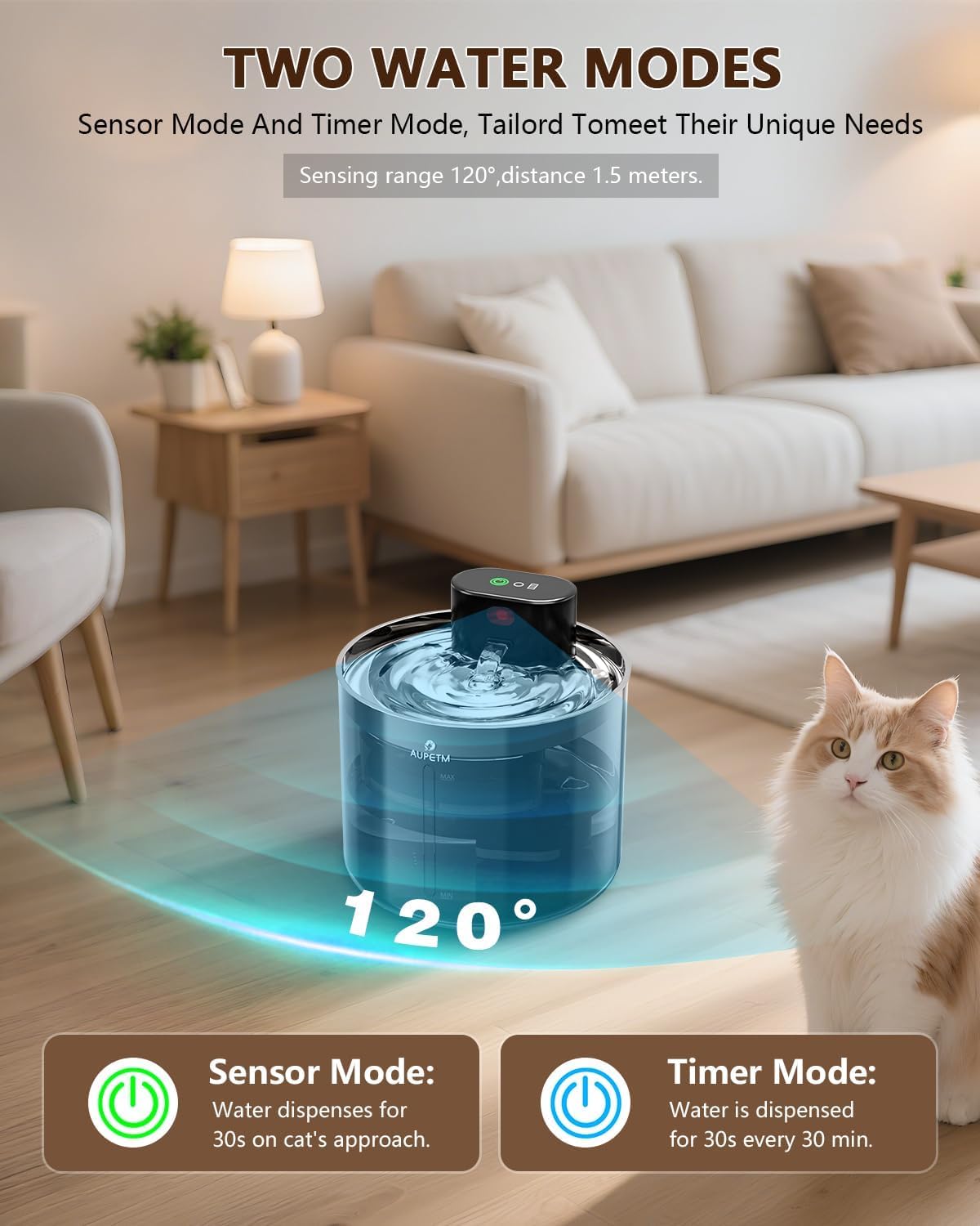 Wireless Cat Water Fountain Stainless Steel, AUPETM Cat Fountain 3.5L Battery Operated Pet Water Fountain for Cats Indoor, Motion Sensor Cat Drinking Fountain with 3 Sets Filter (5000mAh, WF080)