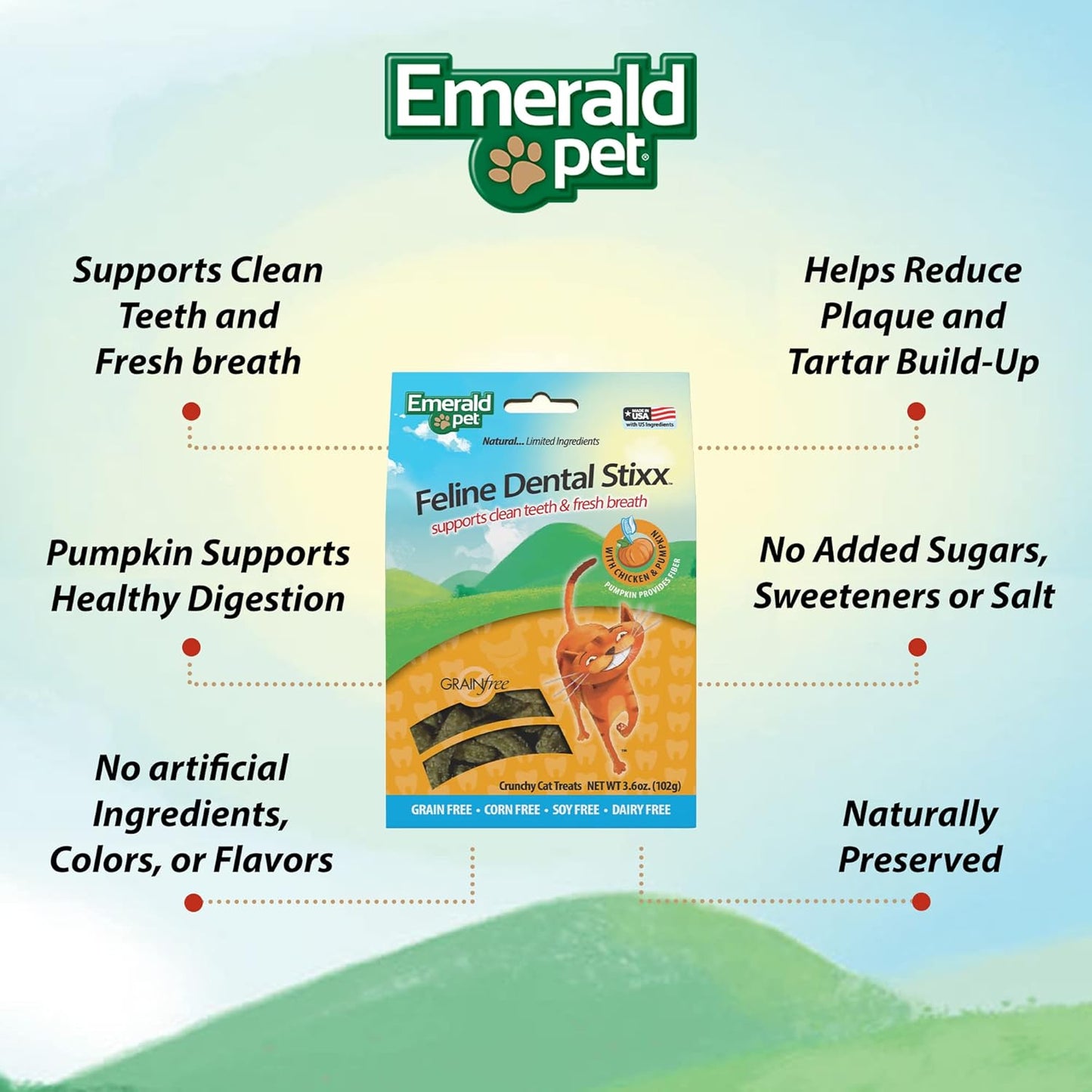 Emerald Pet Feline Dental Stixx — Tasty and Crunchy Cat Dental Sticks with Pumpkin for Digestive Health — Natural Grain Free Dental Treats for Clean Cat Teeth and Fresh Breath — Chicken Stixx, 3.6 oz