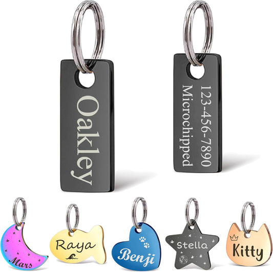 Anavia Small Size Dog Cat ID Tags, Small/XS Personalized Color Plated Stainless Steel Puppy Kitten Name Tags, Customized Engraved Nameplate Pet Collar Tag (Black, XS-Rectangle)