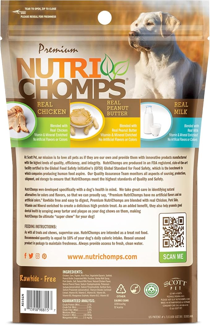 NutriChomps Dog Chews, 6-inch Braids, Easy to Digest, Rawhide-Free Dog Treats, Healthy, Real Chicken, Peanut Butter and Milk flavors, Pack of 4