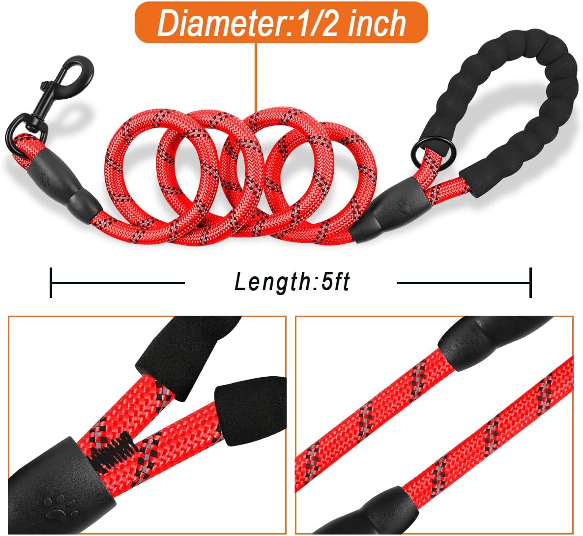 BARKBAY Dog Leashes for Large Dogs Heavy Duty Dog Leash 2 Pack 5 FT with Comfortable Padded Handle Highly Reflective Threads for Medium Large Dogs Walking Training Running (5FT-1/2,Red+Black)