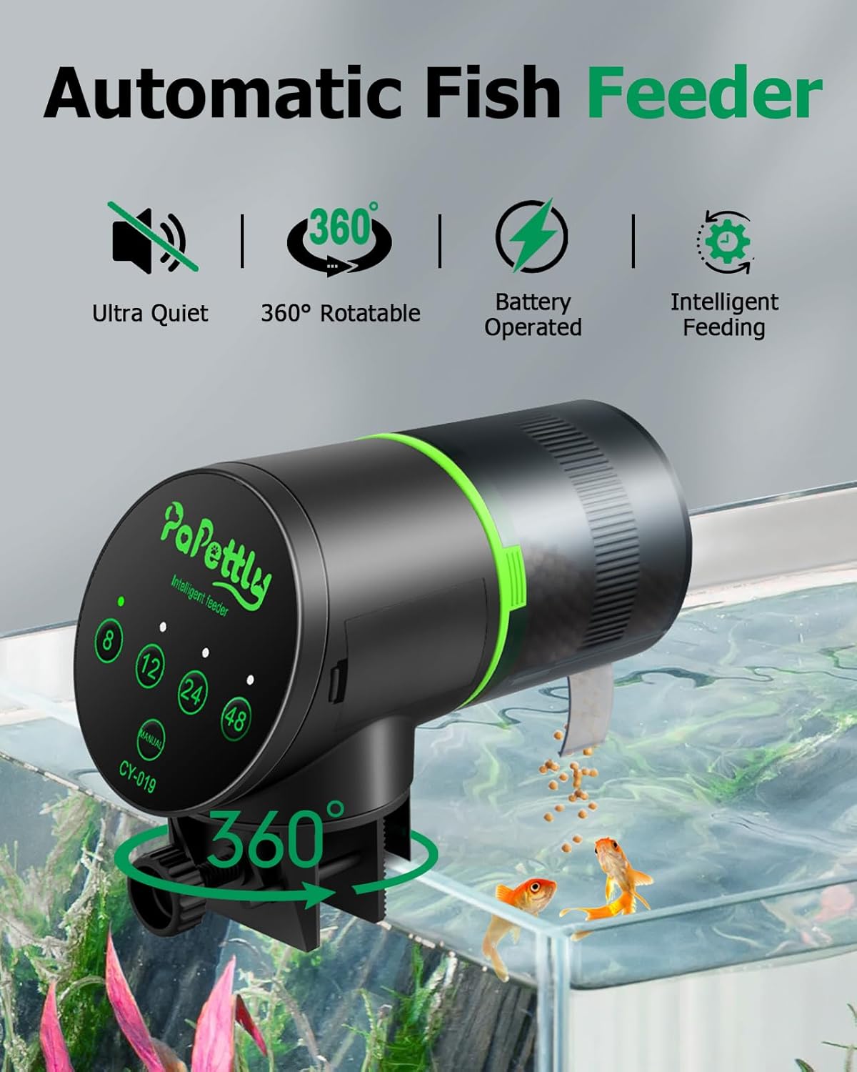 Automatic Fish Feeder for Aquarium, Auto Fish Food Dispenser with Timer and Feeding Ring, Moisture-Proof, Smart Fish Tank Vacation Feeder with 2 AAA Batteries