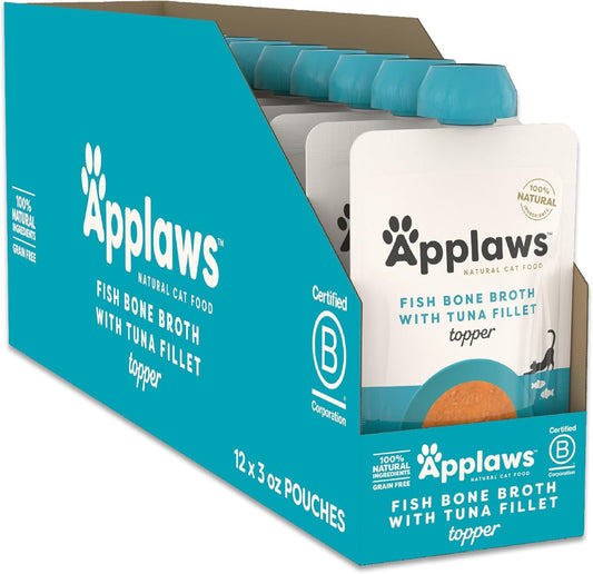 Applaws Natural Wet Cat Food in Topper, Limited and Natural Ingredients, High Protein with No Artificial Additives, Tuna Fillet Bone Broth (12 x 3oz Resealable Spout Pouches)