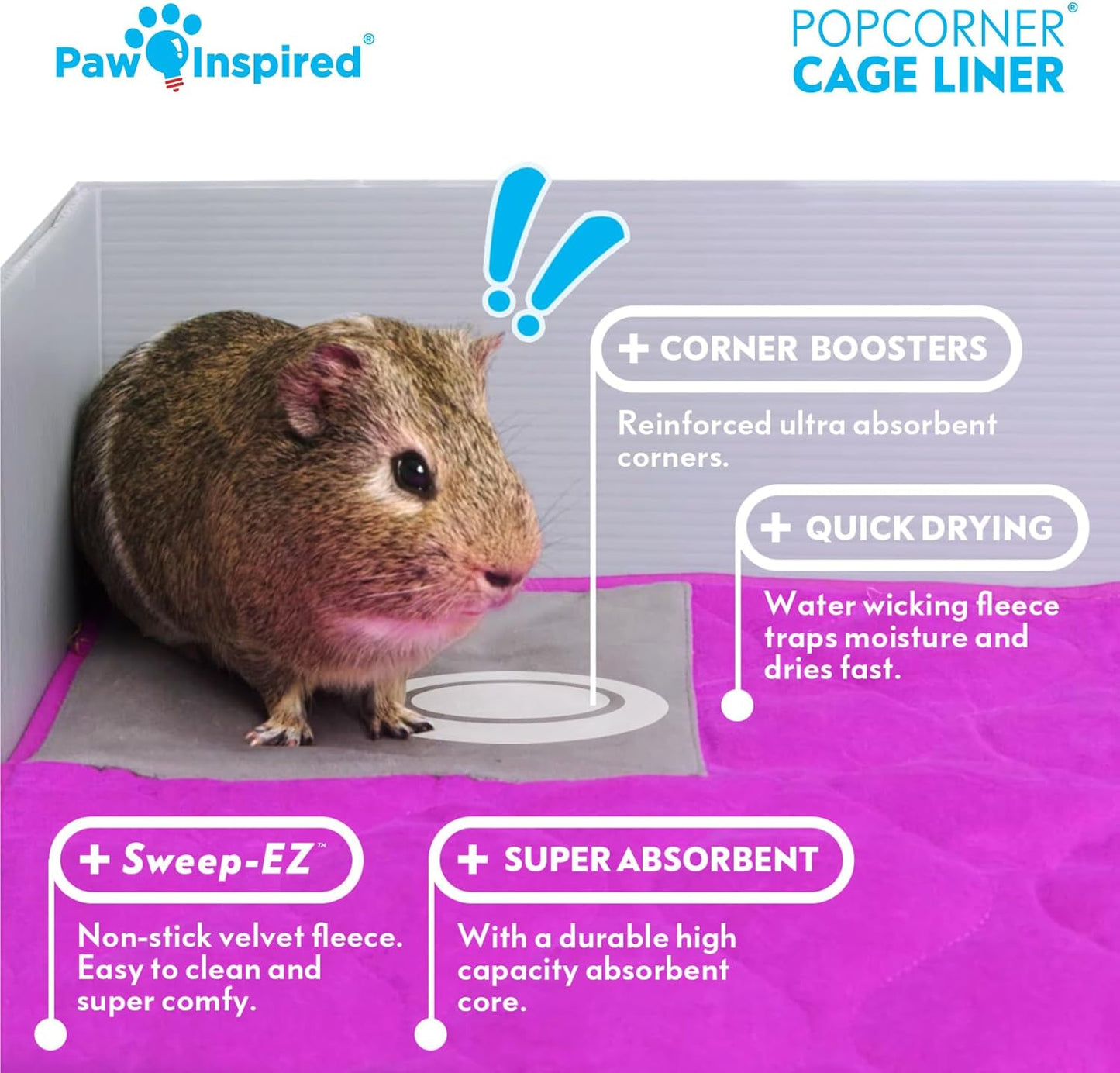 Paw Inspired PopCorner Guinea Pig Cage Liners | Washable Fleece Bedding or Pet Bed Mat for Small Animals | Super Absorbent Pee Pad with Reinforced Corners and Waterproof Bottom (Midwest, Green)