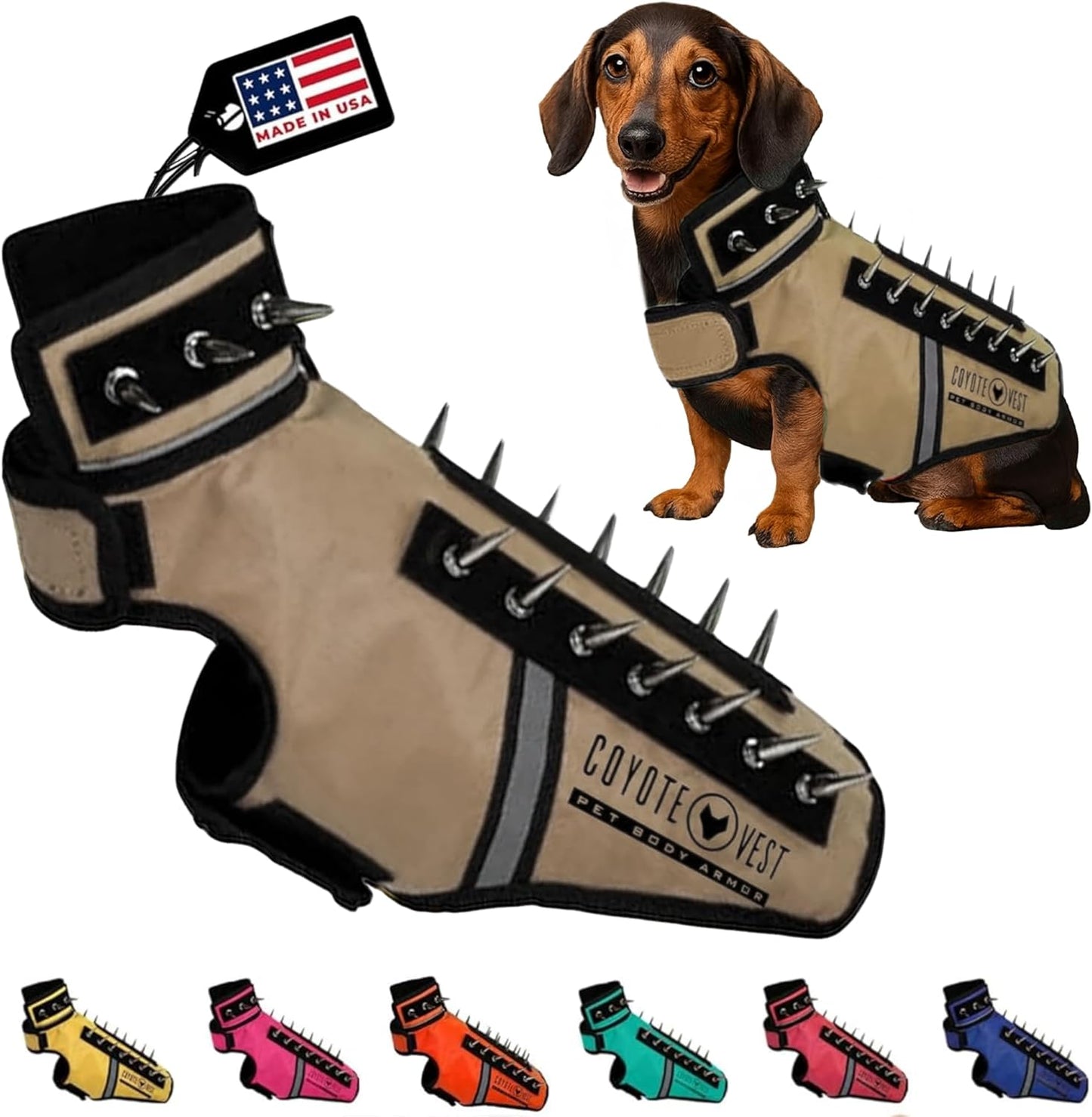 CoyoteVest SpikeVest Dog Harness Vest for Small Dogs, Reflective Dog Vest with Spikes to Shield Your pet from Coyotes, Raptor and Animal Attacks, Anti Hawk Vest, Made in USA (XXS-Texas Tan)