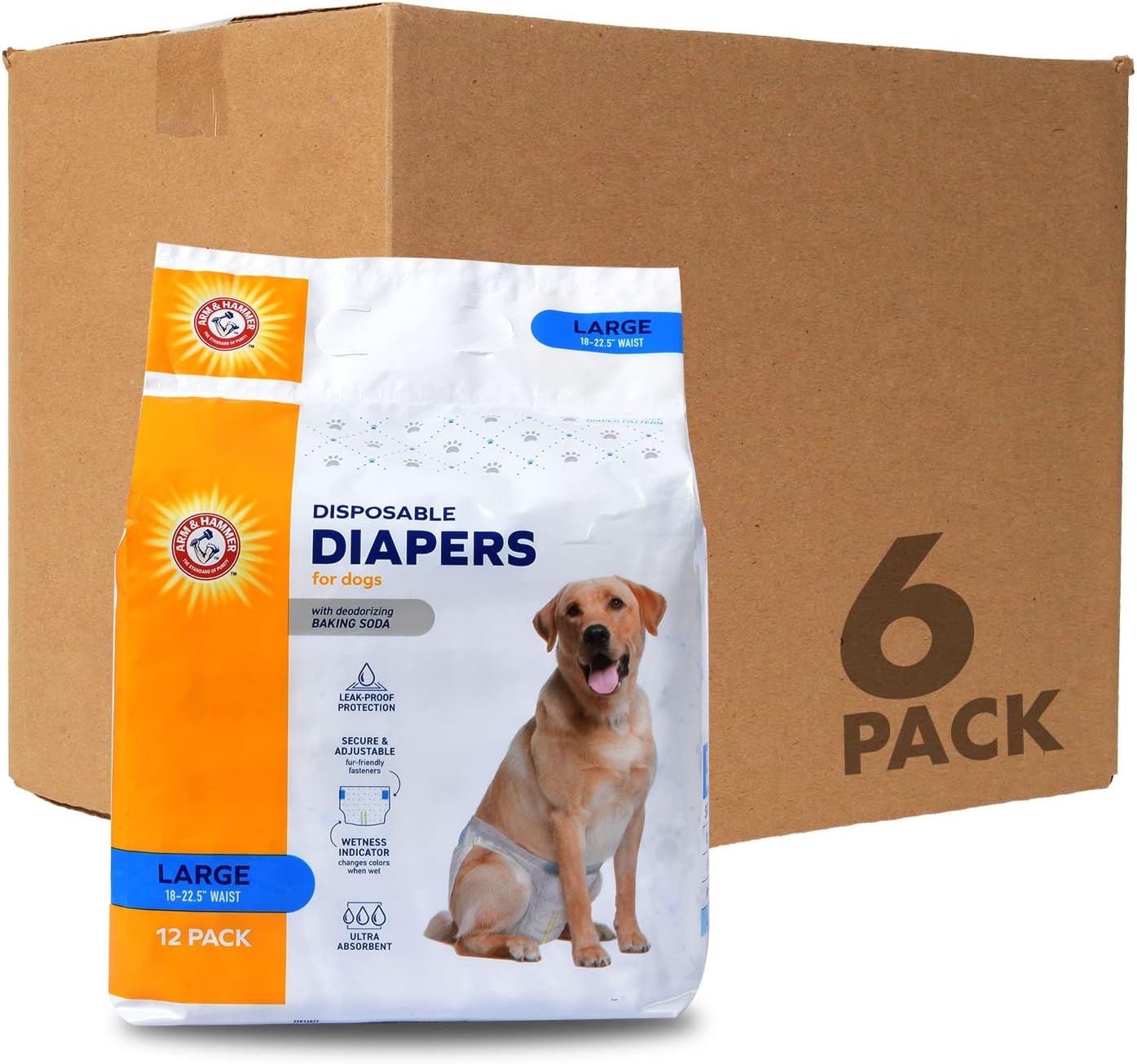 Arm & Hammer for Pets Female Dog Diapers, Size Large, Ultra-Absorbent, Adjustable Girl Dog Diapers with Leak-Proof Protection and Wetness Indicator (Pack of 6, 72 Count Total)