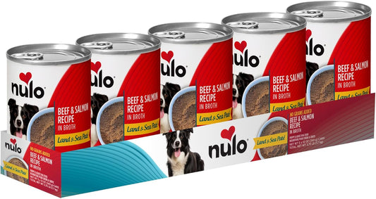 Nulo Land & Sea for Adult Dogs & Puppies Beef & Salmon Recipe in Broth 12 Ounce Cans, Pack of 5