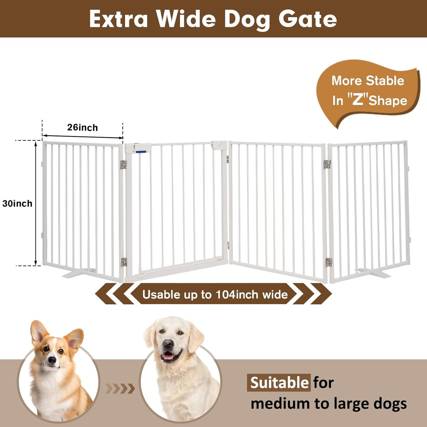 104" Dog Gate Extra Wide, Heavy Duty Metal Freestanding Dog Gate with Door for Indoor & Outdoor, Foldable Pet Fence for Doorways,House,Porch,Deck,Yard,Stairs, Auto Close(4 Panels,White)
