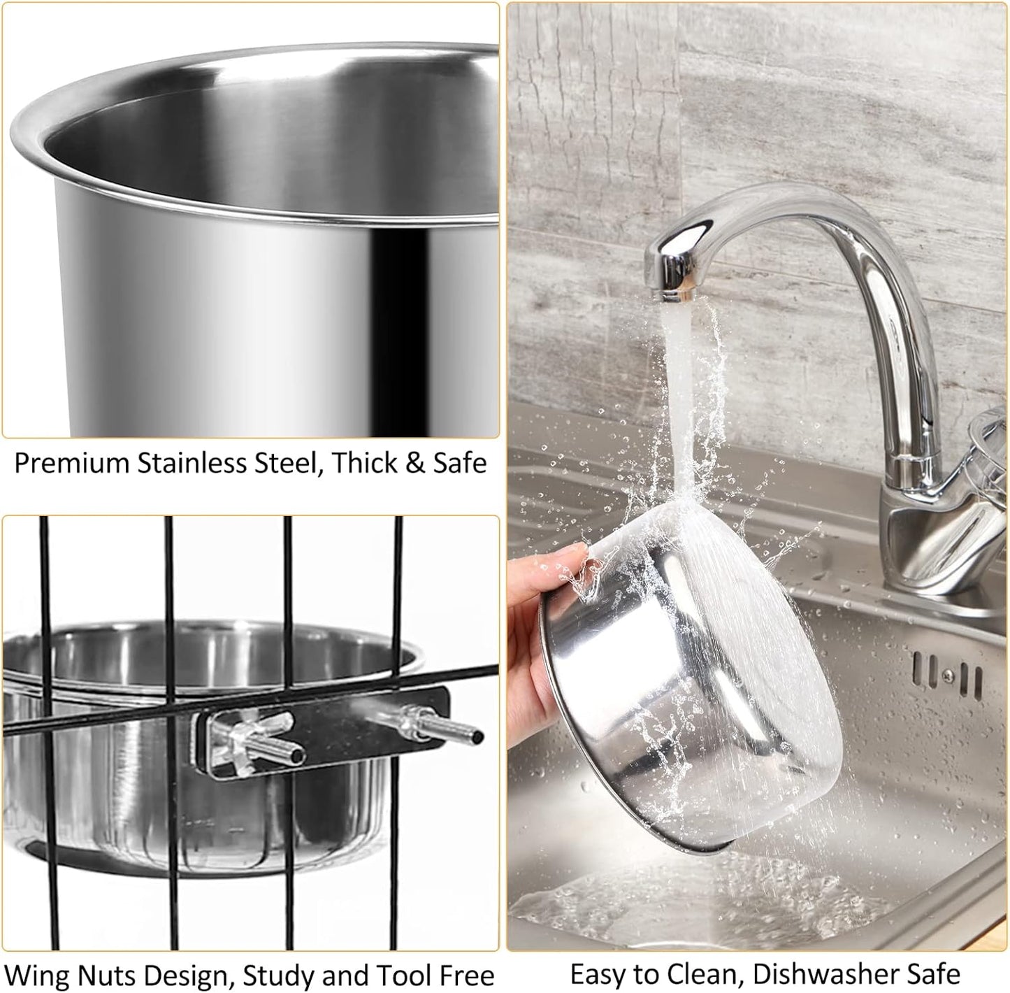 Dog Crate Water Bowl, 2 pcs Stainless Steel Large Dog Bowls 40oz & 60oz, Durable Anti-Spill Pet Metal Bowl for Cage Kennel Crate, Hanging Water/Food Bowl for Medium & Large Dogs