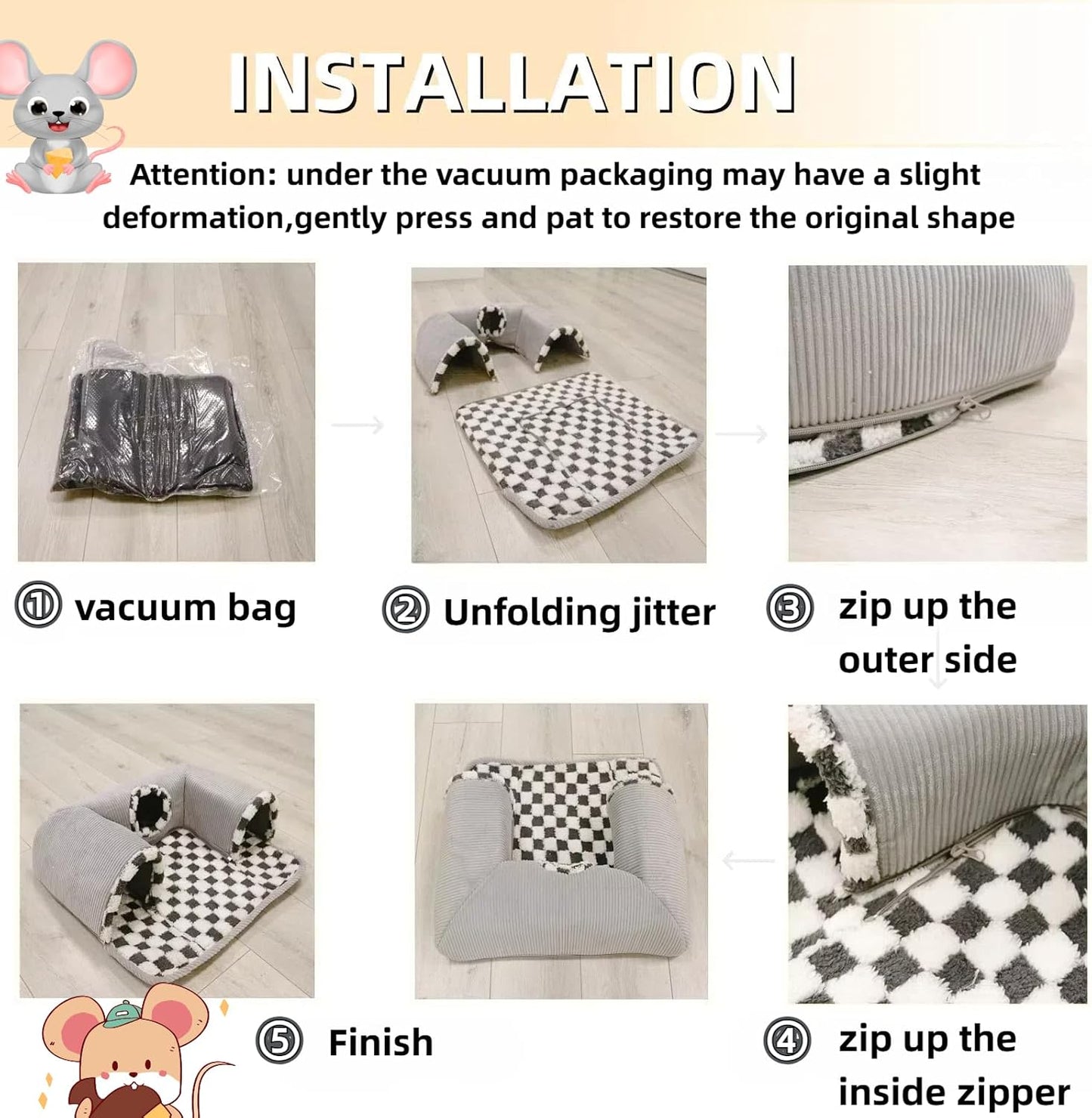 Guinea Pig Hideout Tunnel with Cool Bed for Bunny 3 Cave Small Animal Tunnel Toy Cages Rattan Mat