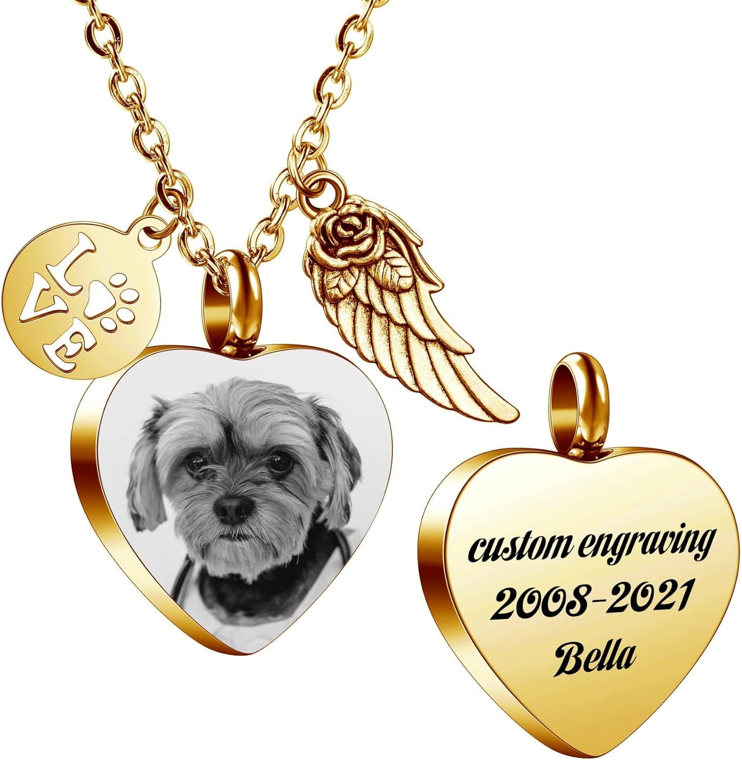 MeMeDIY Personalized Heart Paw Print Ashes Urn Pendant Necklace Custom Name/Photo/Date for Women Men Pet Lover Stainless Steel Memorial Dog Cat Pet Keepsake with Funnel Fill Kit Angel Wing