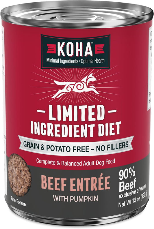 KOHA Limited Ingredient Diet Beef Entrée for Dogs - Grain Free Wet Dog Food with No Fillers - Sensitive Stomach Beef Dog Food 13 oz Pack of 12