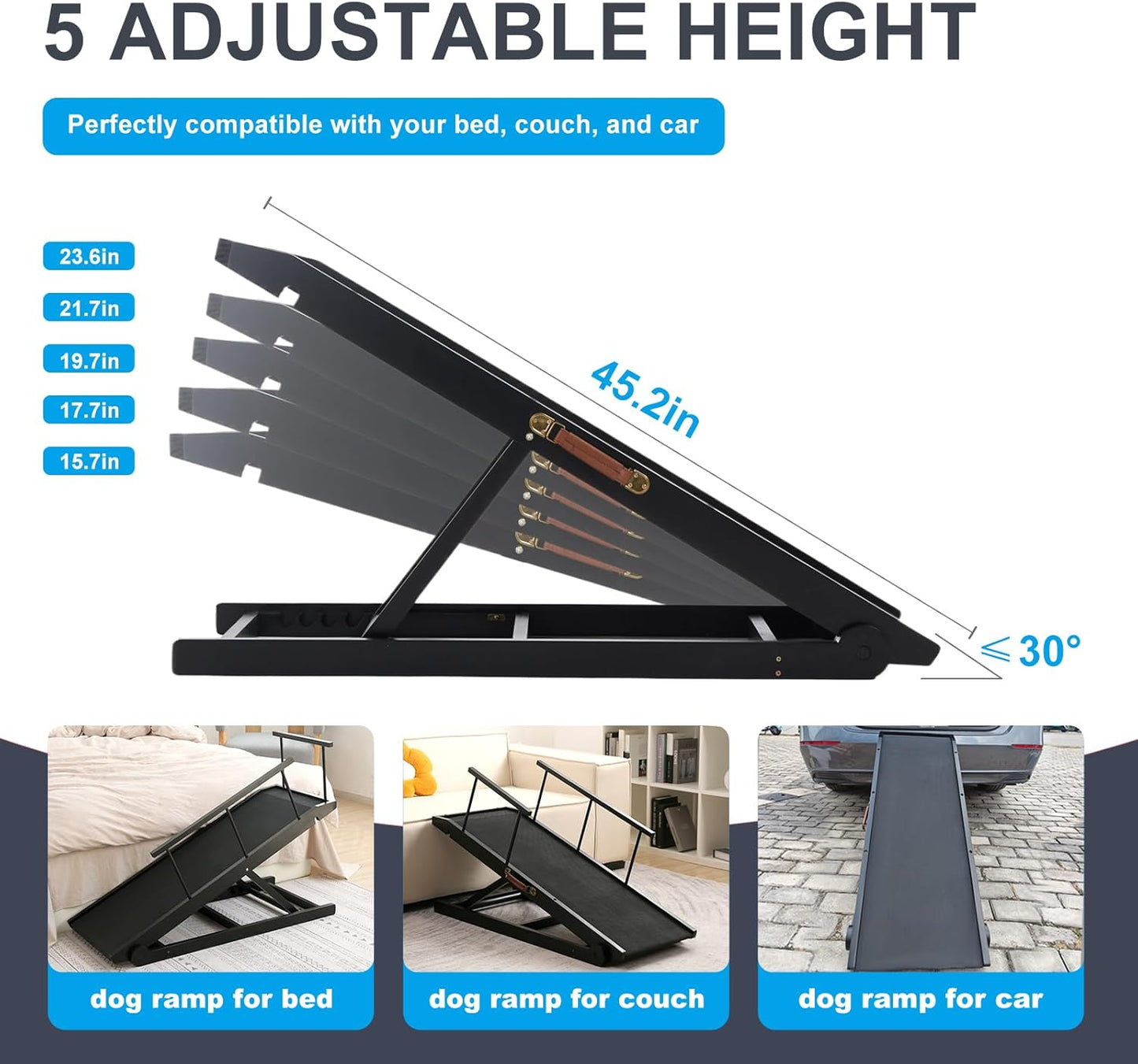 Dog Ramp for Bed and Couch- 5 Height Adjustable Solid Wood Pet Ramp for Small, Medium & Large Dogs, Collapsible Anti-Slip Dog Ramp for Sofa, Couch & Beds (Black, 115)